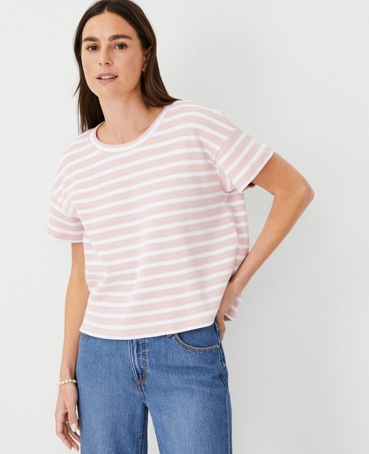 Ann Taylor AT Weekend Striped Crew Neck Top Pink Gem Women's