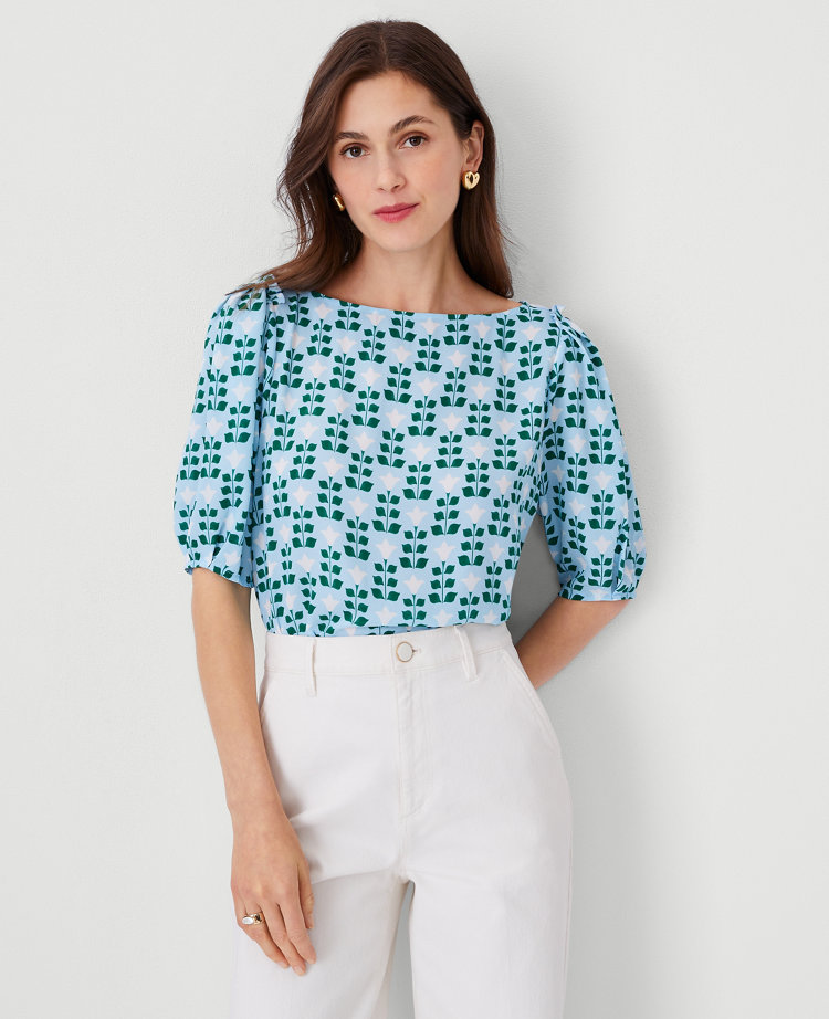 Ann Taylor Petite Floral Tile Puff Sleeve Top