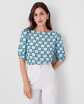 Ann Taylor Petite Floral Tile Puff Sleeve Top In Perfect Sky