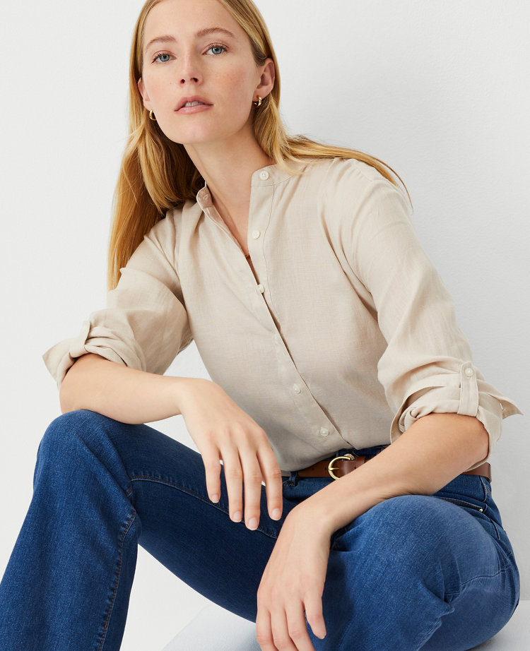 Petite Linen Relaxed Roll Tab Perfect Shirt