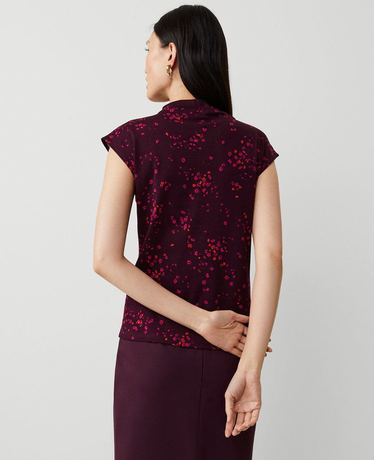 Ann Taylor Floral Draped Mock Neck Top Plum Rose Women's