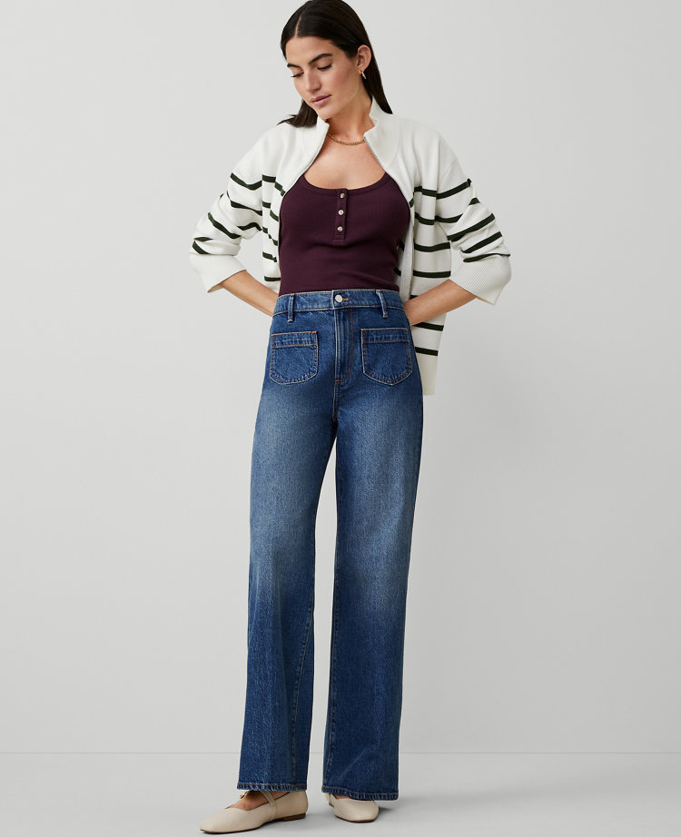 Ann Taylor AT Weekend High Rise Wide Leg Jeans Classic Mid Wash