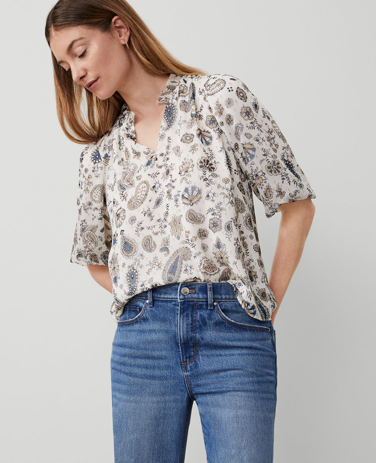 Ann Taylor Paisley Clip Ruffle Split Neck Popover Top