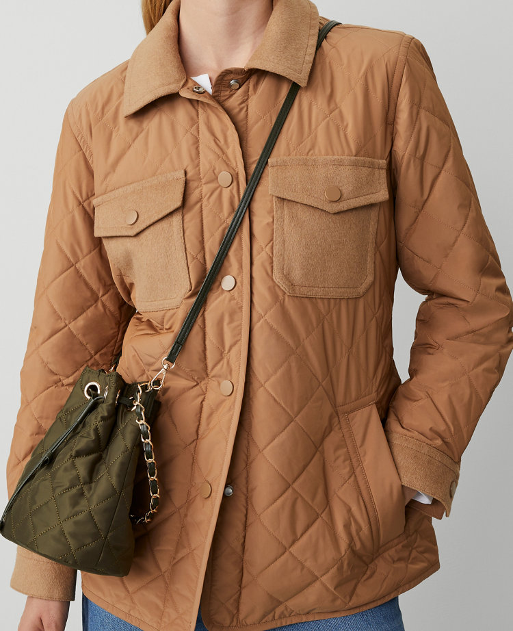 Ann Taylor Petite AT Weekend Quilted Mixed Media Field Jacket Perfect Camel Women's