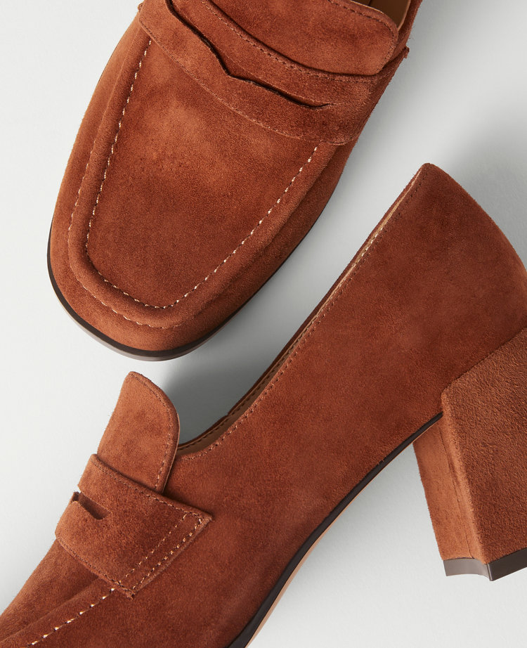 Suede Block Heel Loafer Pumps