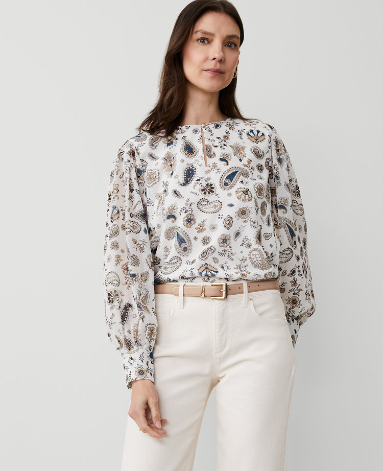 Ann Taylor Petite Paisley Mixed Media Front Slit Top