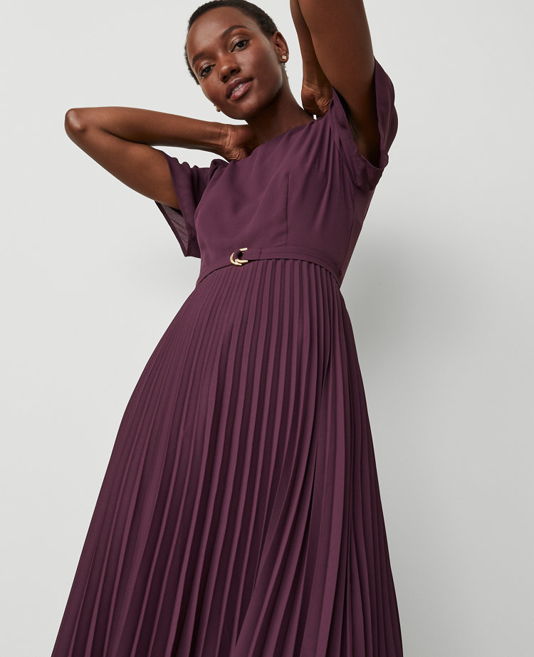Ann Taylor Belted Pleated Flare Dress Plum Rose Women's