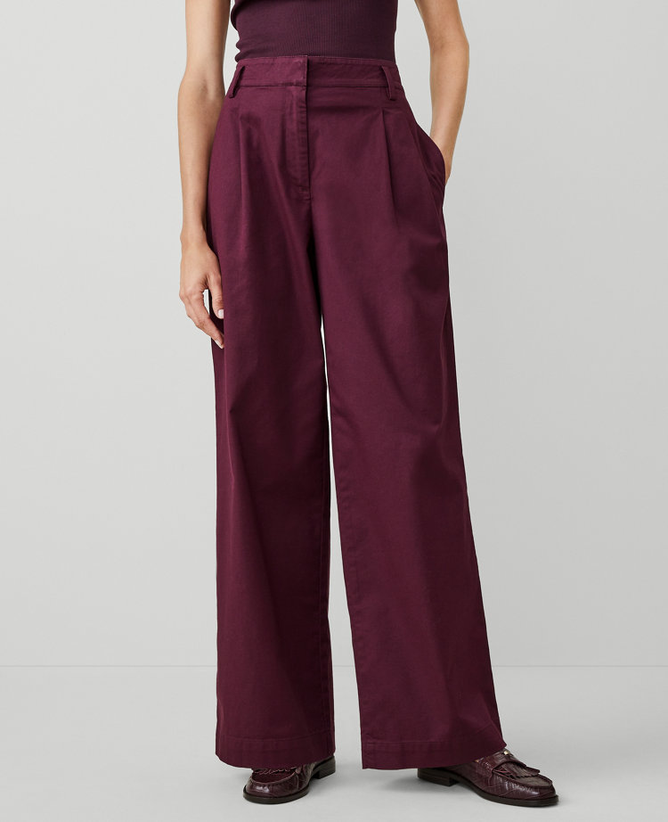 Ann Taylor Petite AT Weekend Topstitched Wide Leg Pants Plum Rose Women's