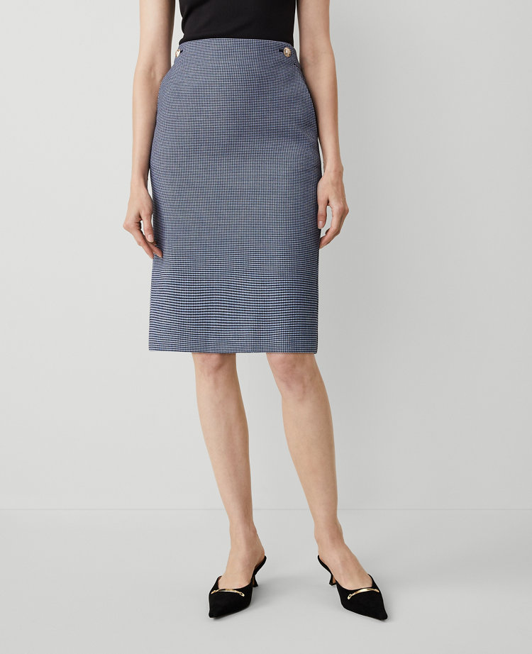 Ann Taylor Houndstooth Button Waist Pocket Pencil Skirt Light Blue / Navy Women's