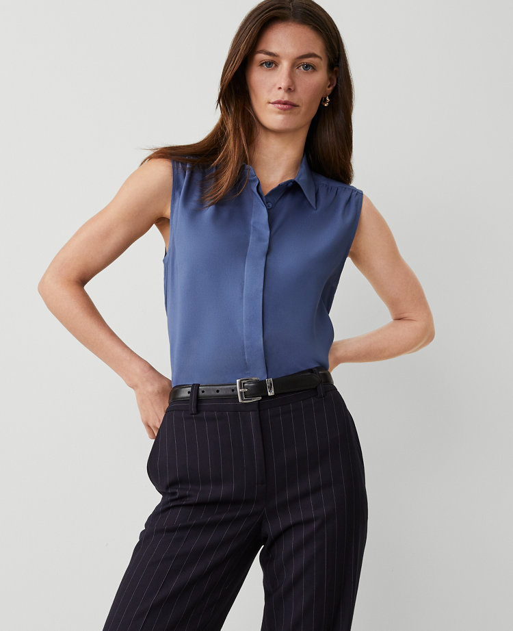 Ann Taylor Shirred Sleeveless Shirt Precious Sapphire Women's