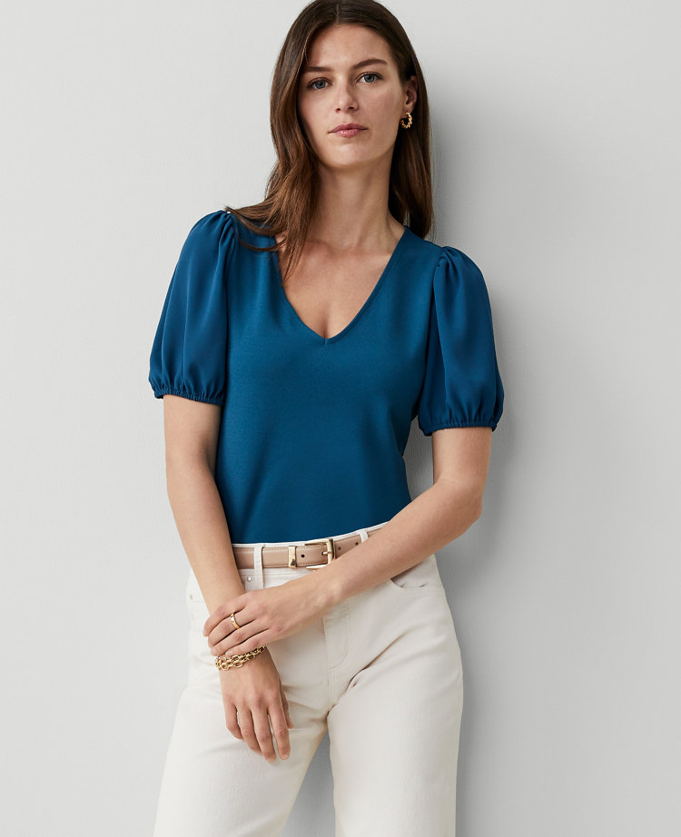 Ann Taylor Puff Sleeve V-Neck Top Women's