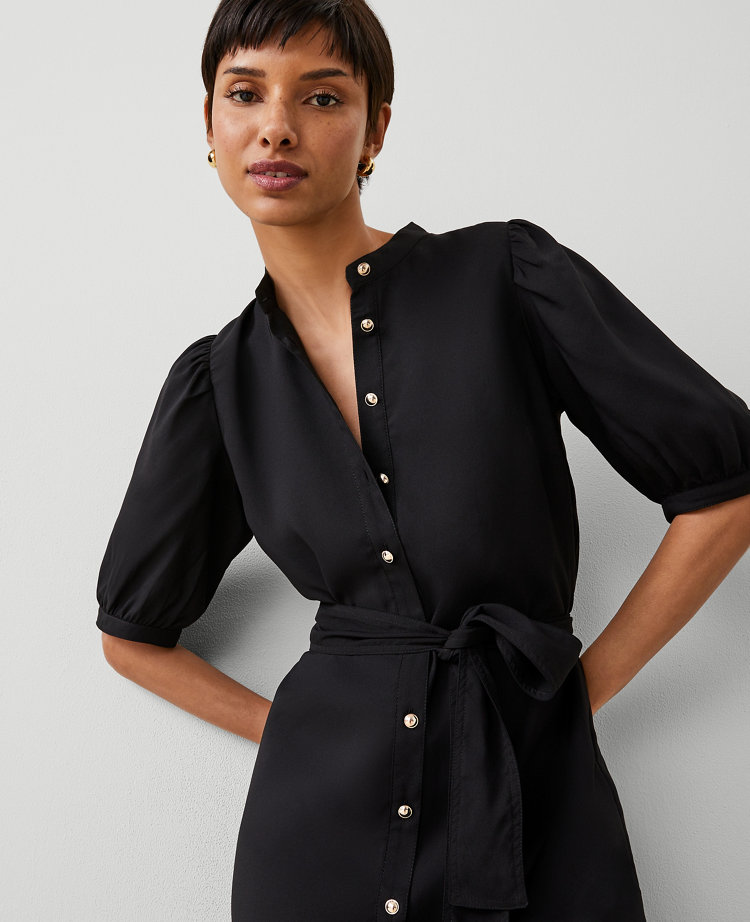 Ann Taylor Petite Stand Collar Belted Midi Shirtdress Black Women's