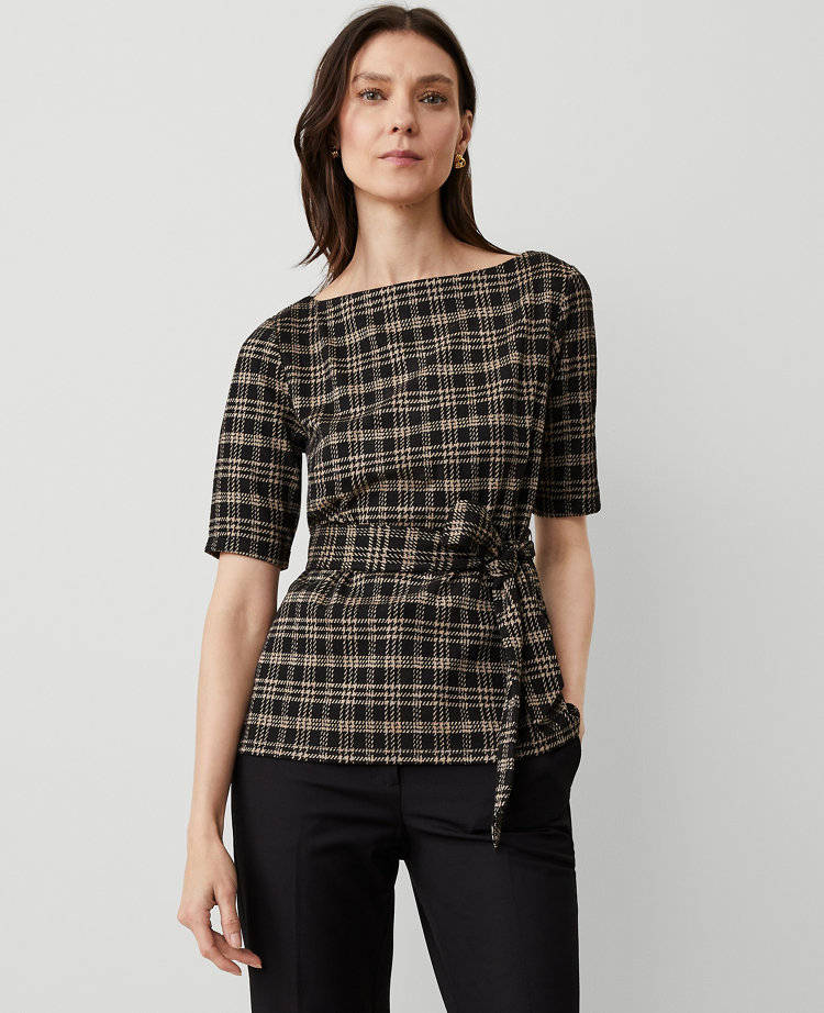 Ann Taylor Plaid Elbow Sleeve Tie Waist Top Black Women's