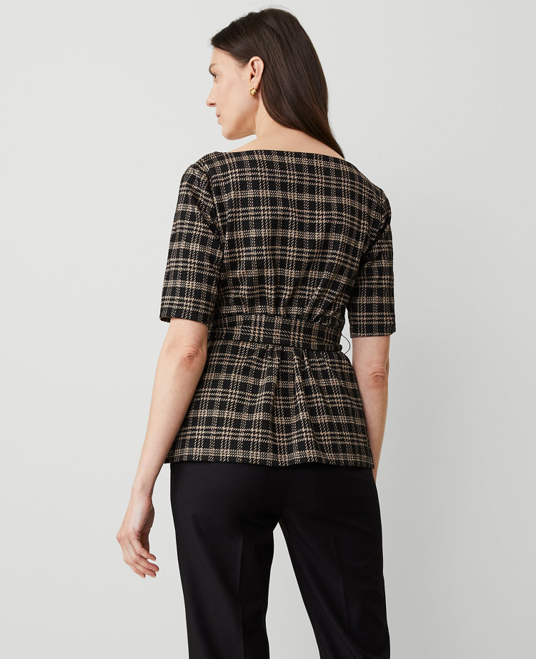 Ann Taylor Plaid Elbow Sleeve Tie Waist Top Black Women's