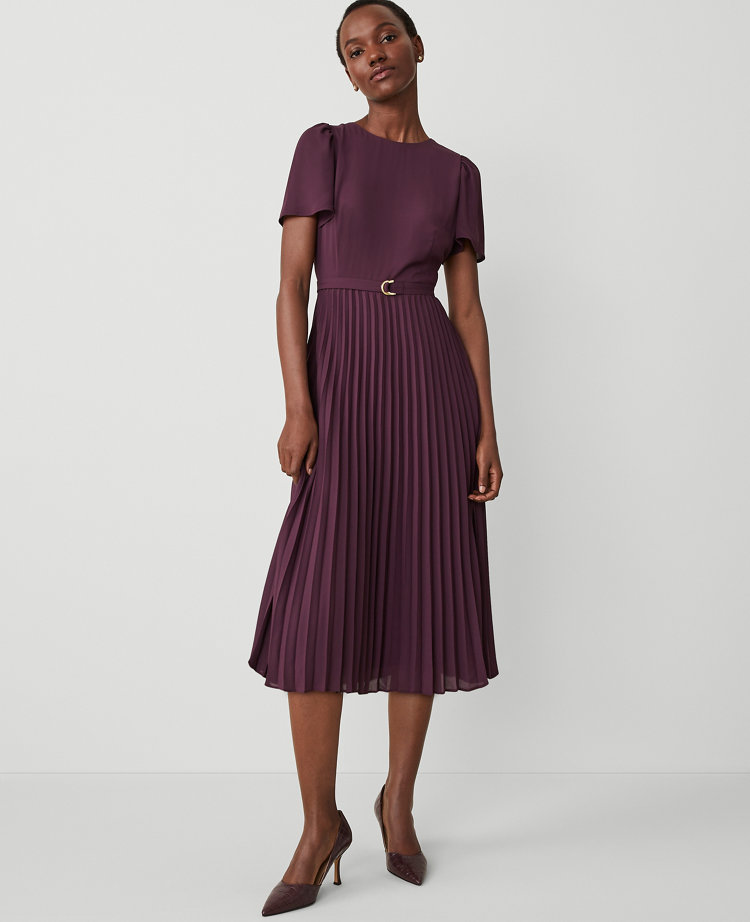 Ann Taylor Petite Belted Pleated Flare Dress Plum Rose Women's
