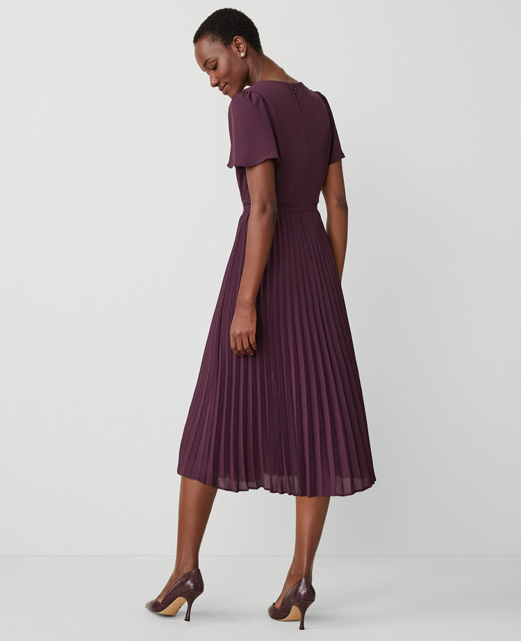 Ann Taylor Petite Belted Pleated Flare Dress Plum Rose Women's