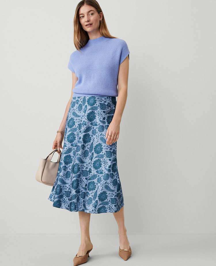 Ann Taylor Petite Floral Bias Midi Slip Skirt Underwater Teal Women's