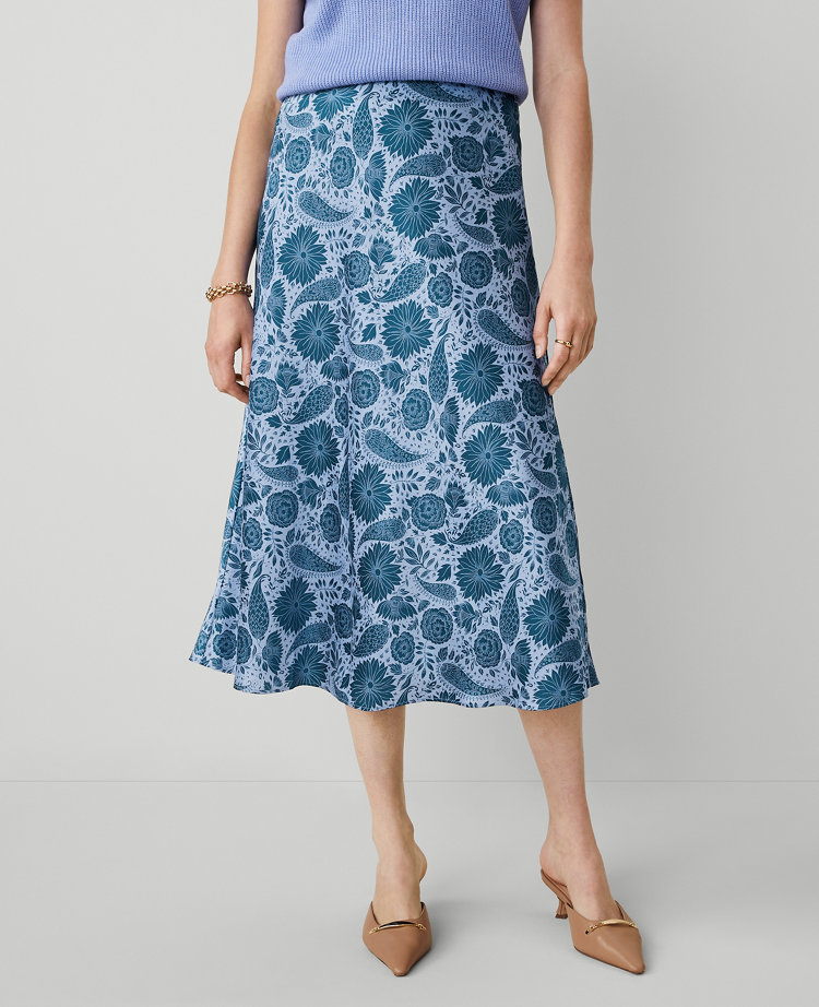 Ann Taylor Petite Floral Bias Midi Slip Skirt Underwater Teal Women's