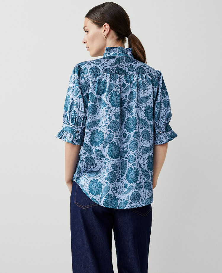 Ann Taylor Petite Floral Ruffle Button Top Underwater Teal Women's