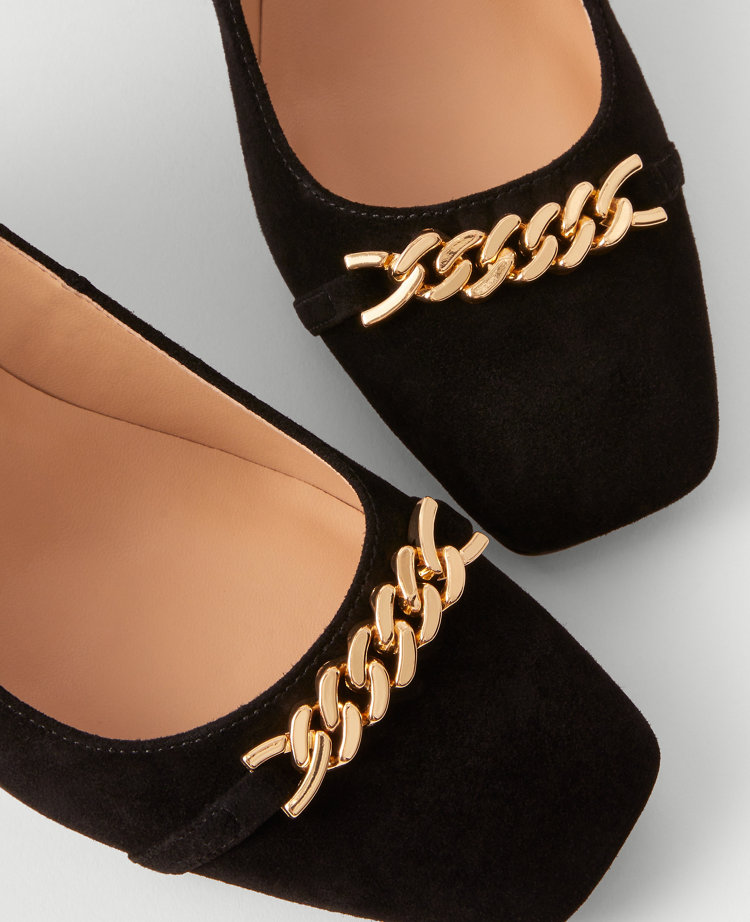 Chain Suede Block Heel Pumps