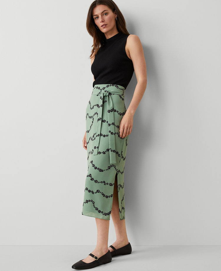Petite Tie Waist Floral Column Skirt