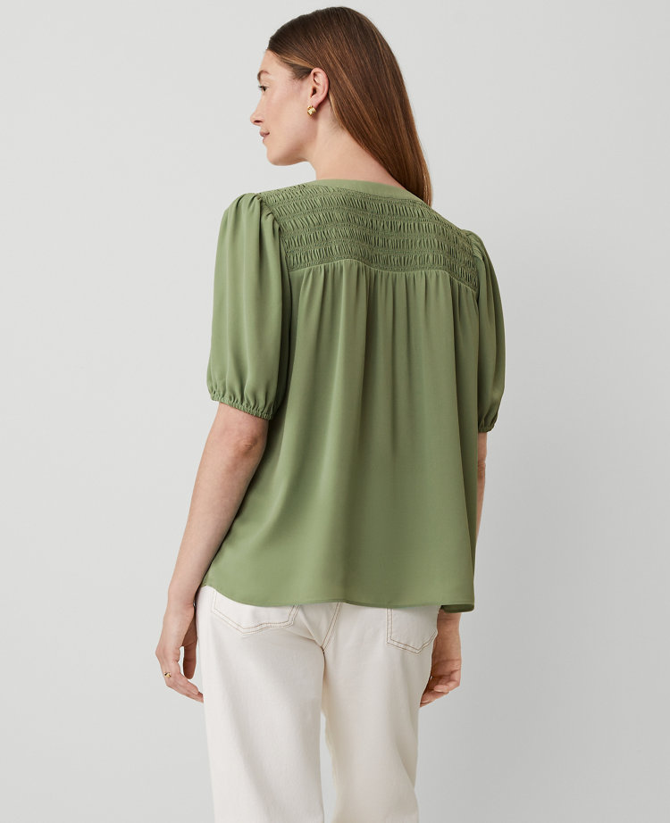 Ann Taylor Smocked Yoke Puff Sleeve Top Lush Palm Women's