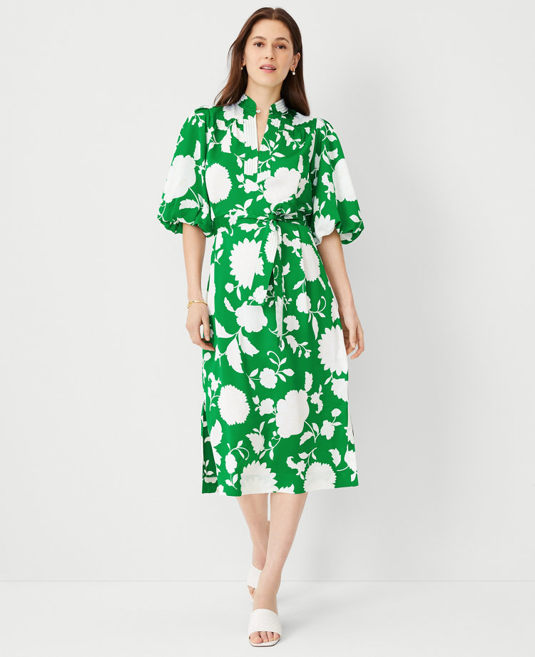 Ann Taylor Petite Floral Split Neck Midi Dress Jolly Green Women's