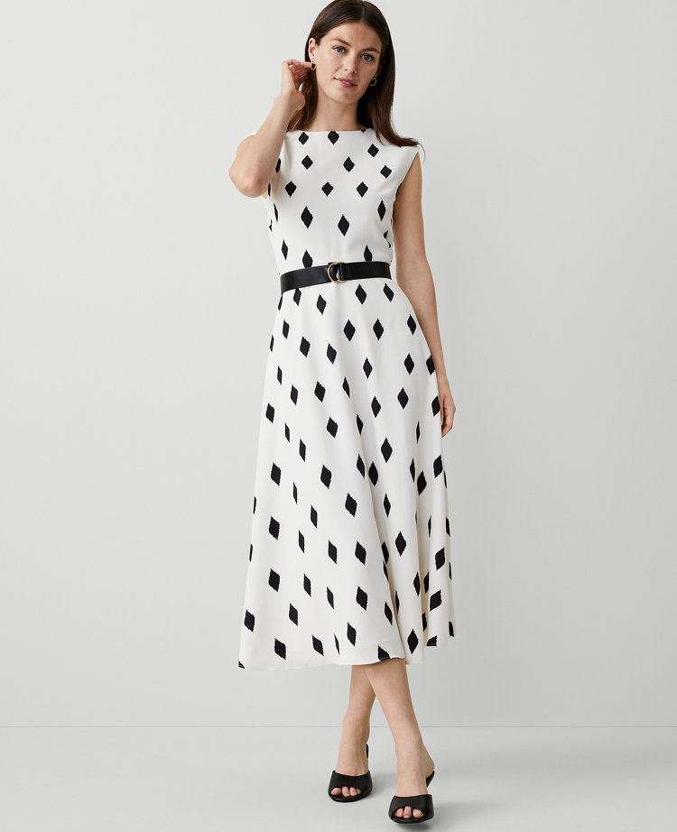 Ann Taylor Petite Geo Boatneck Flare Midi Dress Winter White-Black Women's