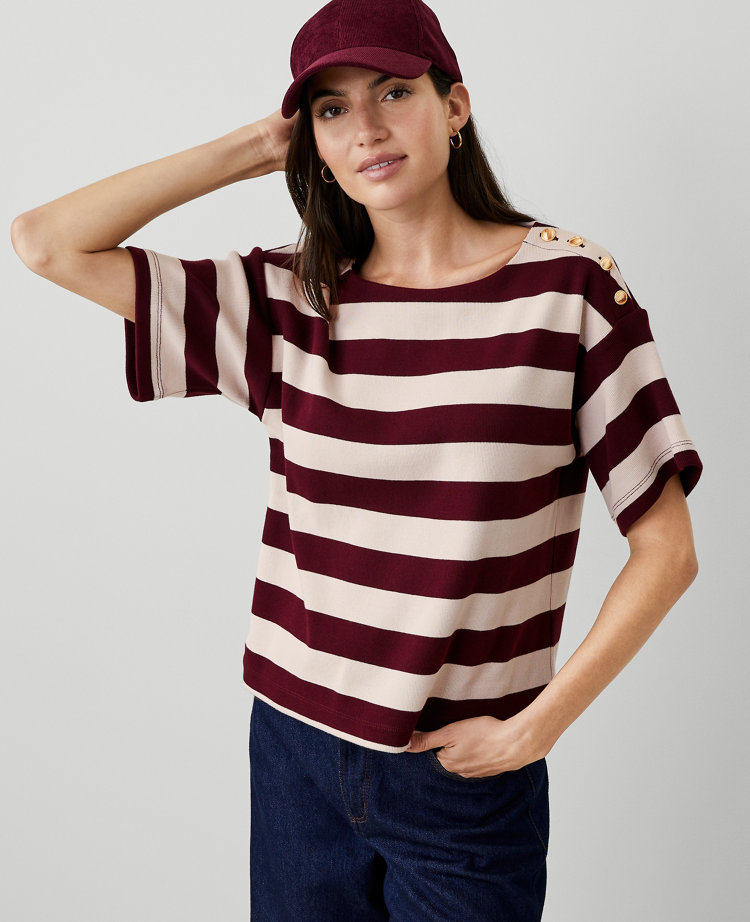 Ann Taylor Petite AT Weekend Stripe Ribbed Shoulder Button T-Shirt Plum Rose Women's