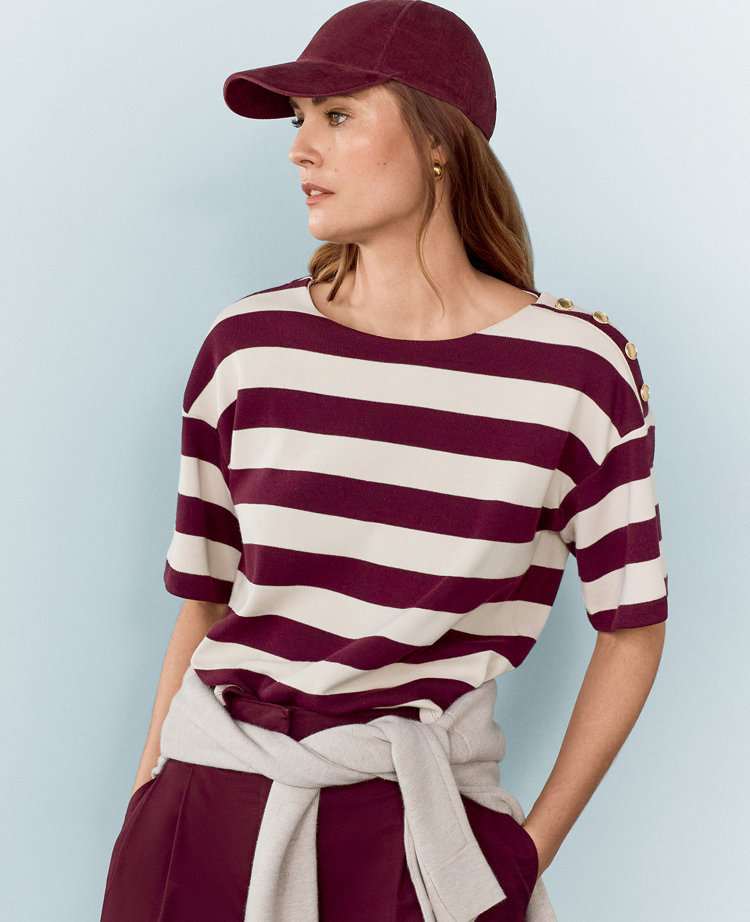 Ann Taylor Petite AT Weekend Stripe Ribbed Shoulder Button T-Shirt Plum Rose Women's