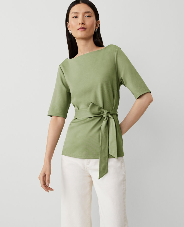 Ann Taylor Petite Boatneck Tie Waist Top Lush Palm Women's