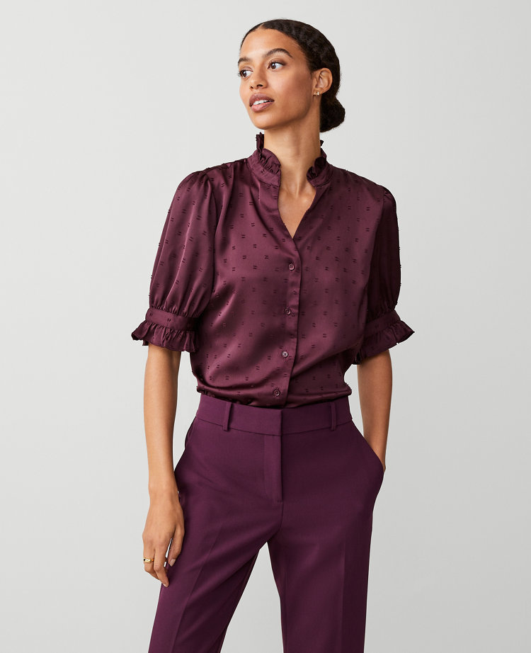 Ann Taylor Petite Ruffle Button Top Plum Rose Women's