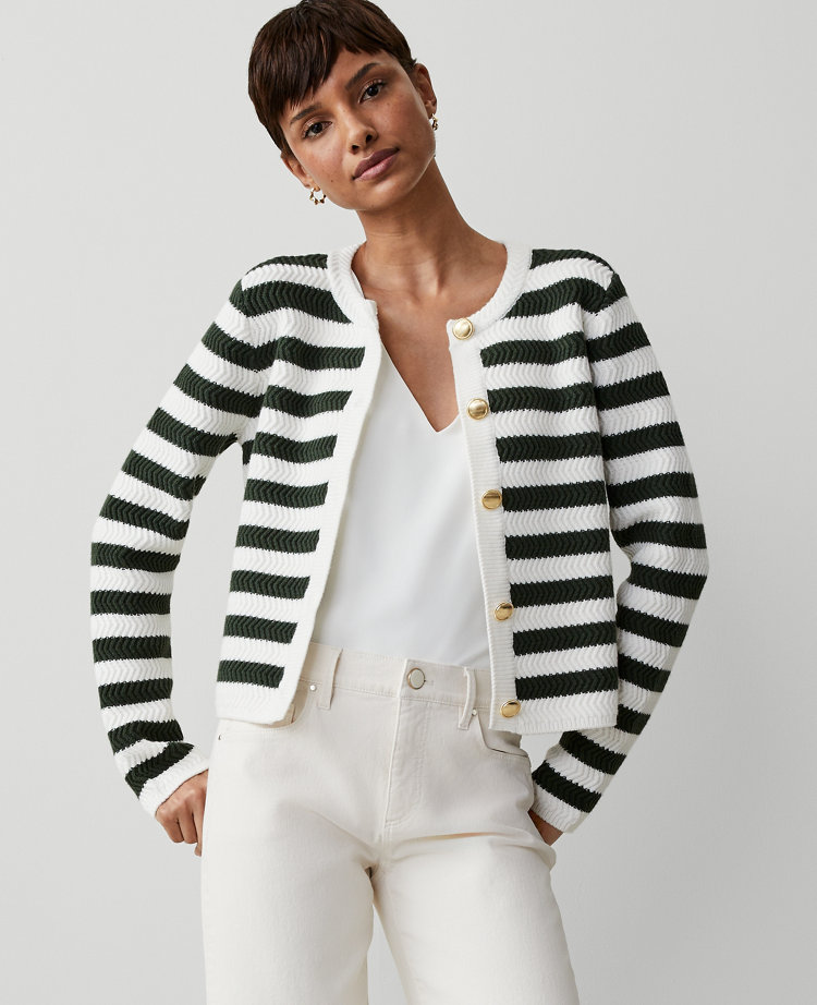 Ann Taylor Petite AT Weekend Striped Stitched Jacket Green/White Stripe Women's