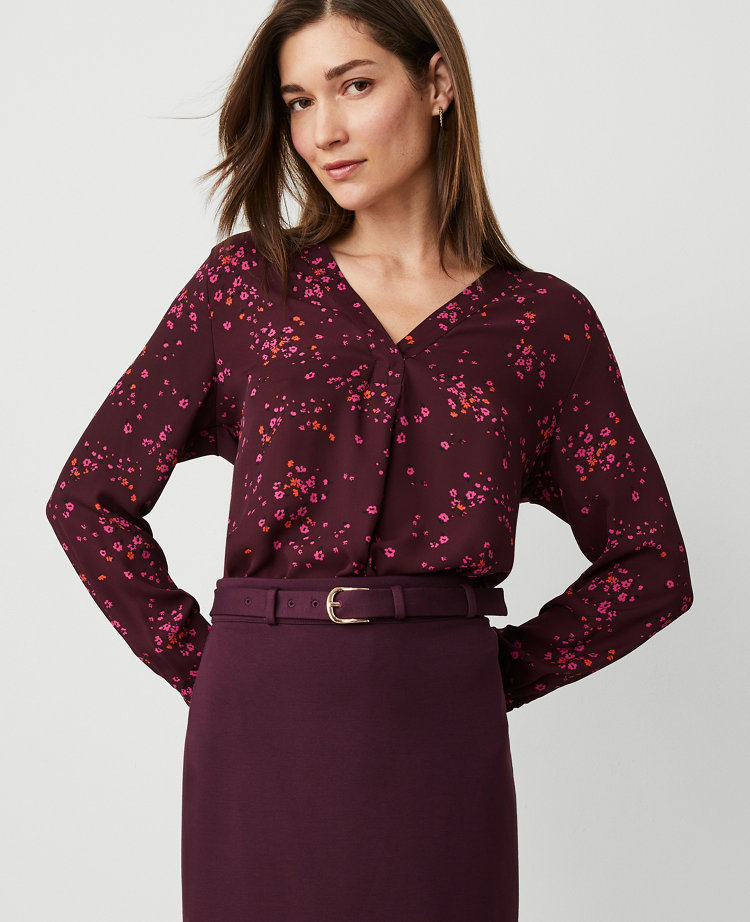 Ann Taylor Petite Floral Mixed Media Pleat Front Top Plum Rose Women's