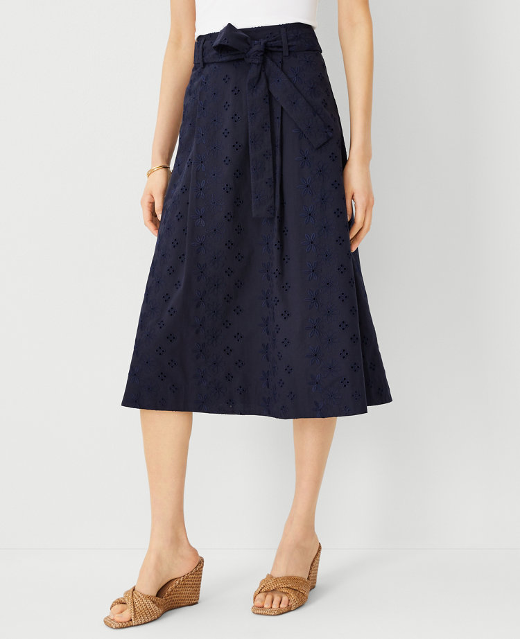 Petite Eyelet Tie Waist Pleated Midi Skirt