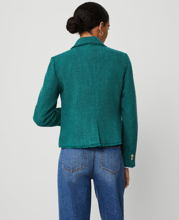Ann Taylor Petite Button Tweed Jacket Size 14 Green Marais Women's