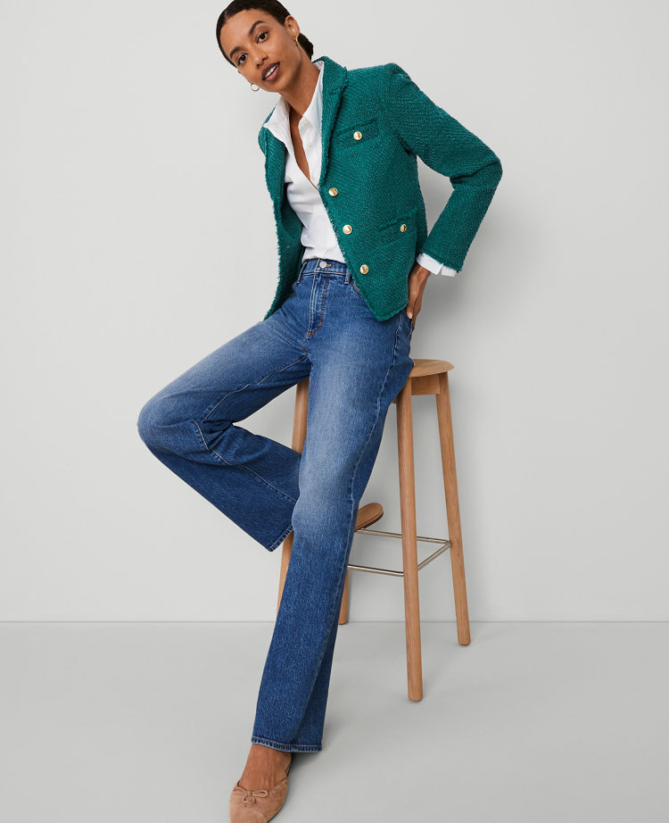 Ann Taylor Petite Button Tweed Jacket Size 14 Green Marais Women's