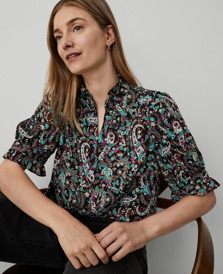 Paisley Ruffle Button Top