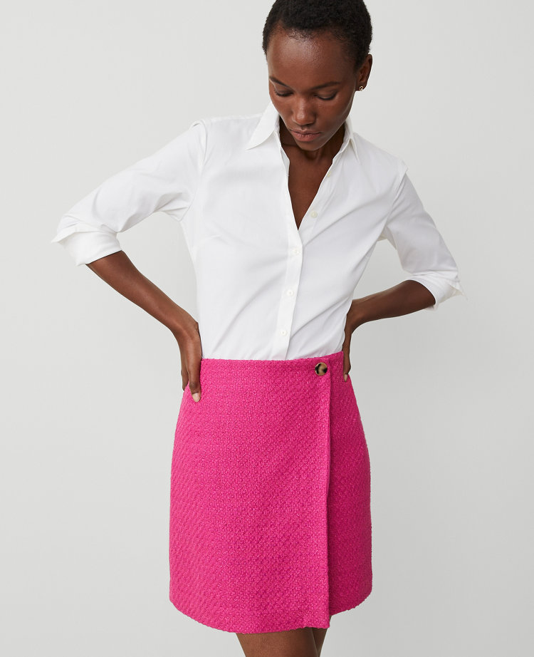 Ann Taylor Petite Tweed Button Wrap Skirt Hot Pink Poppy Women's