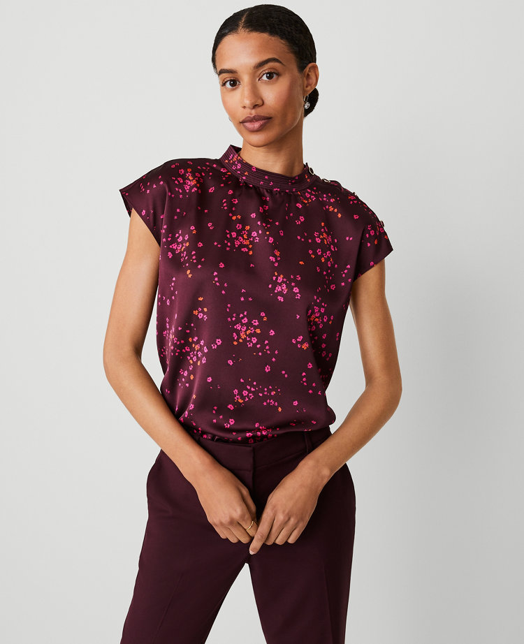 Ann Taylor Petite Floral Trapunto Shoulder Button Top Plum Rose Women's