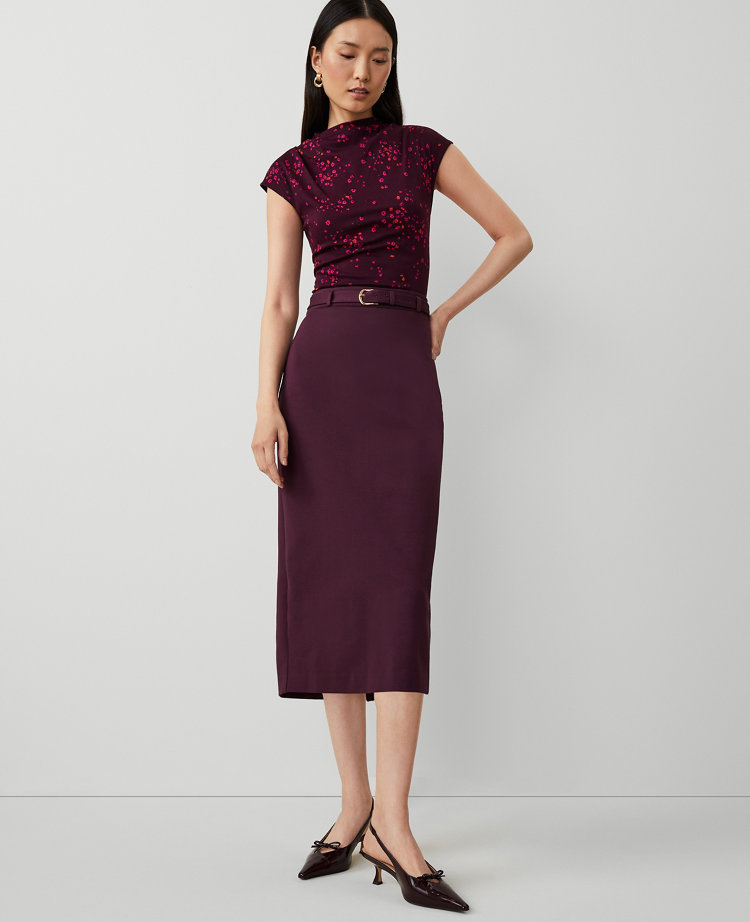 Petite Ponte Belted Midi Pencil Skirt