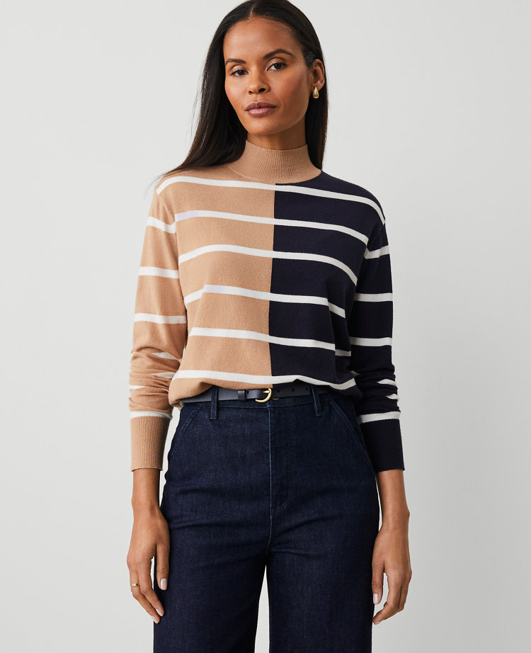 Striped Mock Neck Saddle Sweater