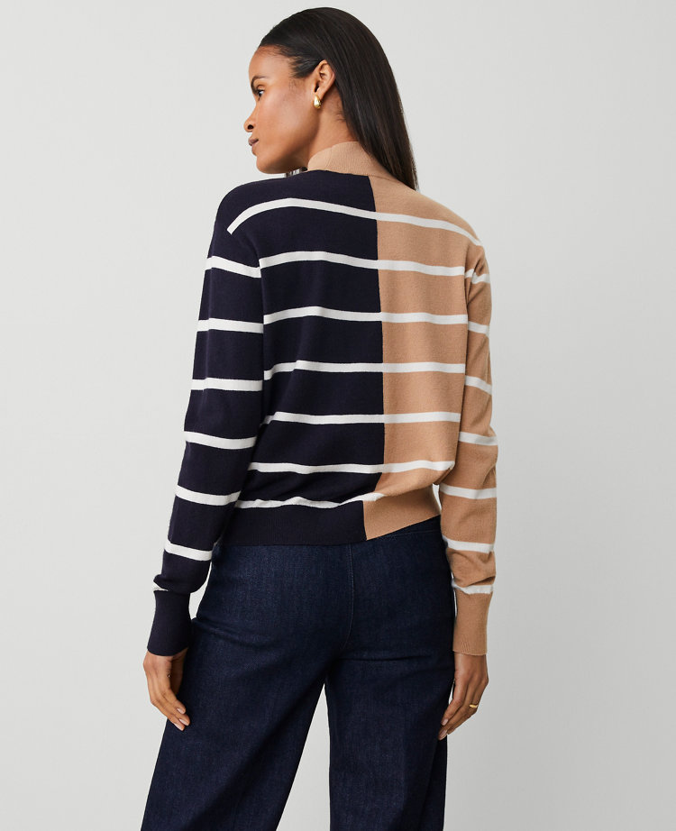 Striped Mock Neck Saddle Sweater