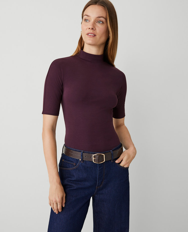 Ann Taylor Mock Neck Elbow Sleeve Top Women's