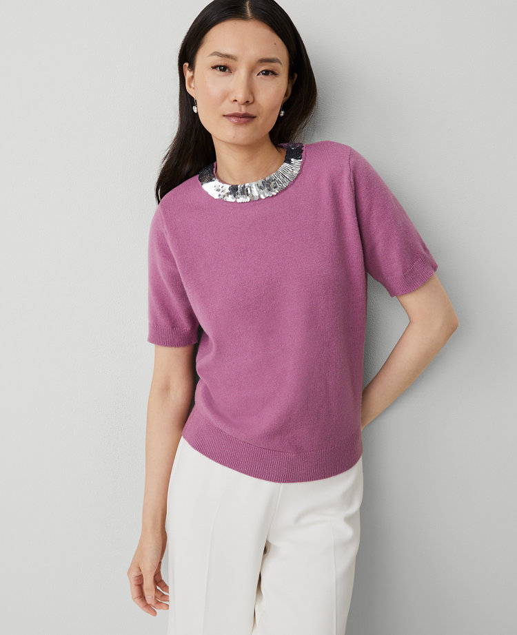 Sequin Neck Short Sleeve Sweater