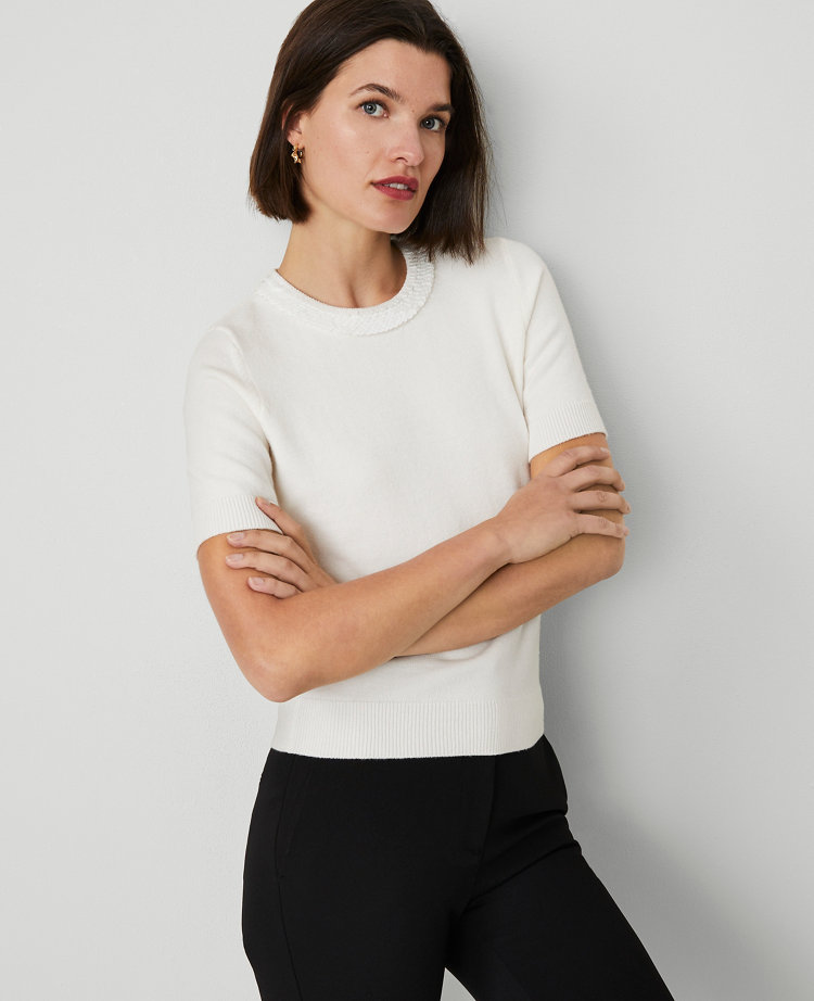Sequin Neck Short Sleeve Sweater