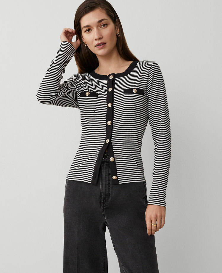 Ann Taylor Stripe Button Knit Jacket Black/White Women's