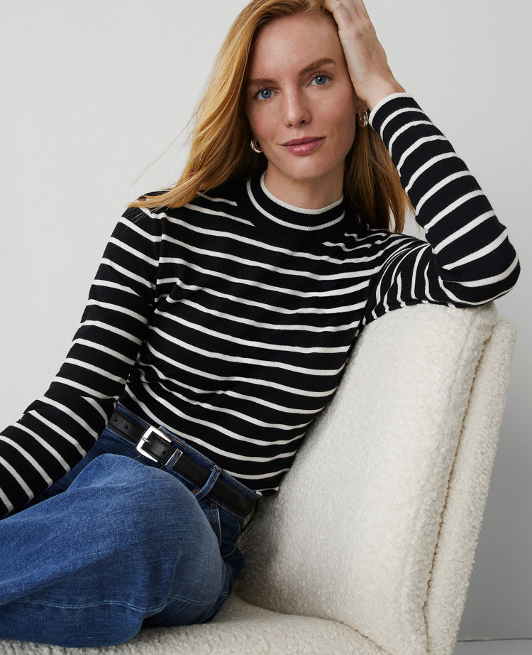 Ann Taylor Essential Stripe Mock-neck Sweater In Black/white Combo