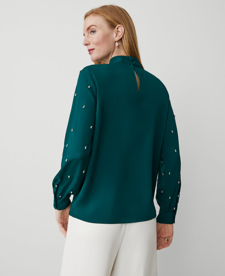 Embellished-Sleeve Mock-Neck Top