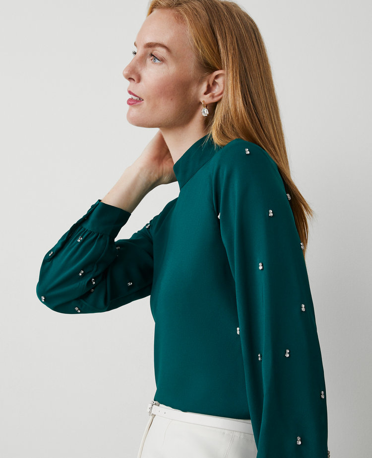 Embellished-Sleeve Mock-Neck Top